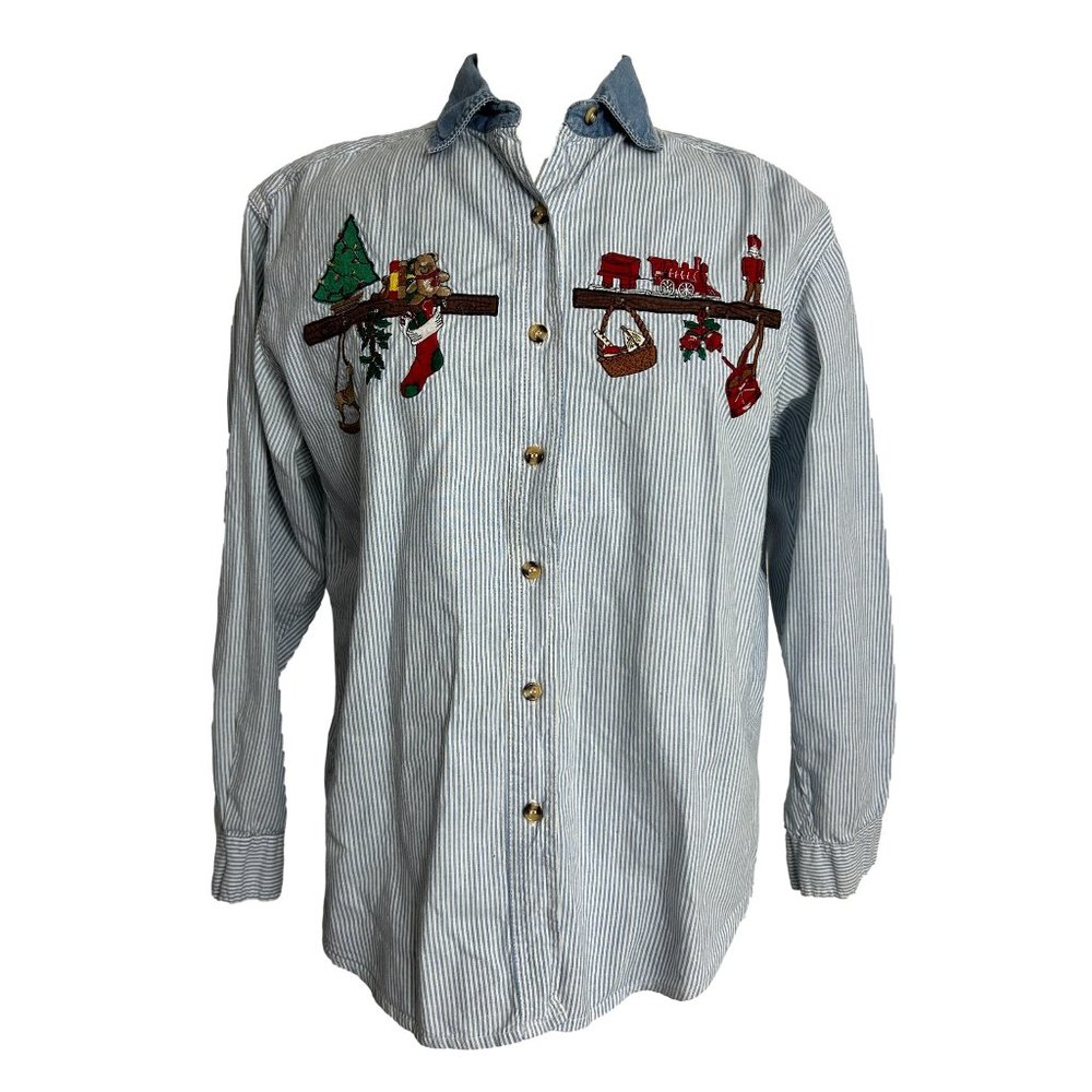 Vintage Solutions Womens Petite Medium Blouse Christmas Embroidered Button Front